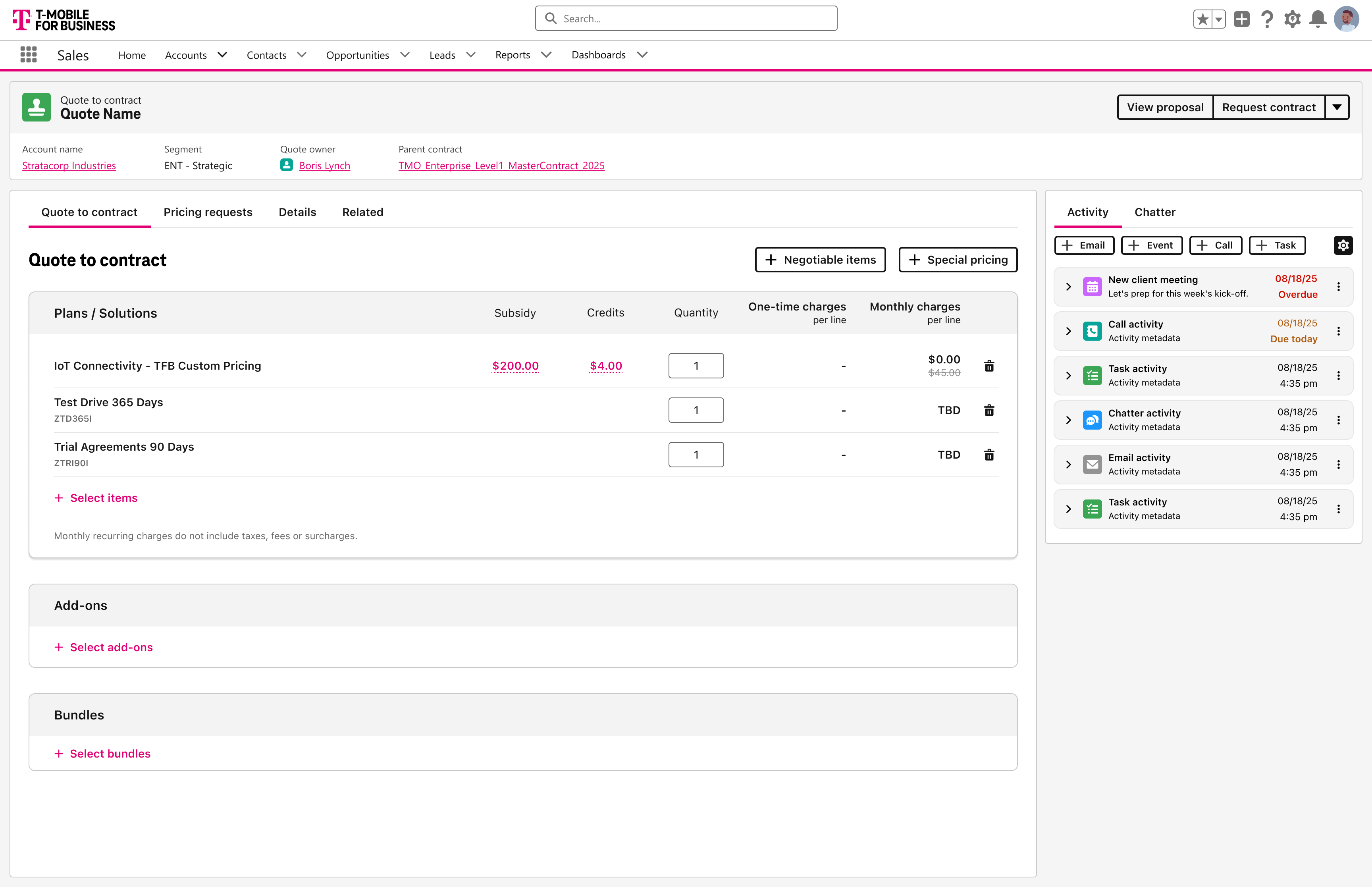 Quote to contract: custom pricing lines, negotiable items, parent contract in the header